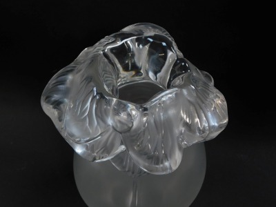 A Lalique clear and frosted glass vase with a flared floral petal rim, etched mark, 22cm high. - 2