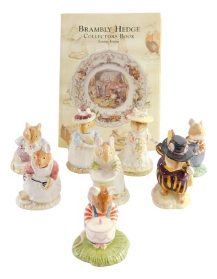 Eight Royal Doulton Brambly Hedge figures, comprising Wilfred Toadflax, Mrs Apple, Poppy Eyebright, Mr Toadflax, Clover, Mrs Toadflax, Wilfred Entertains, Wilfred's Birthday Cake, together with the Brambly Hedge Collectors Book. (9)
