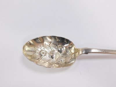 A Victorian silver fruit spoon, fiddle and shell pattern with engraved decoration, John Aldwinckle and Thomas Slater, London 1887, 2.6toz. - 2