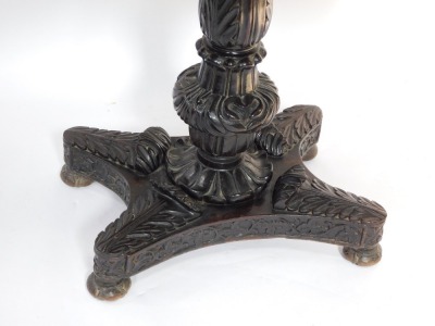 A Victorian stained oak fold over card table, with a vine carved frieze, over an urn and fluted column carved with acanthus leaves, on a quatralobe base carved with leaves, raised on bun feet, 50cm high, 90cm wide, 45cm deep. - 4