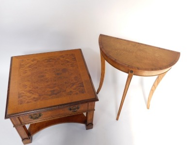 A burr walnut light mahogany and herringbone cross banded square coffee table, with a single frieze drawer, raised on style supports united by a shaped under tier, 47cm high, 61cm diameter, together with a light oak demi lune pier table, raised on three s - 2