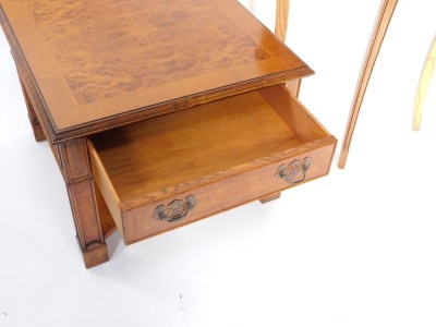 A burr walnut light mahogany and herringbone cross banded square coffee table, with a single frieze drawer, raised on style supports united by a shaped under tier, 47cm high, 61cm diameter, together with a light oak demi lune pier table, raised on three s - 3