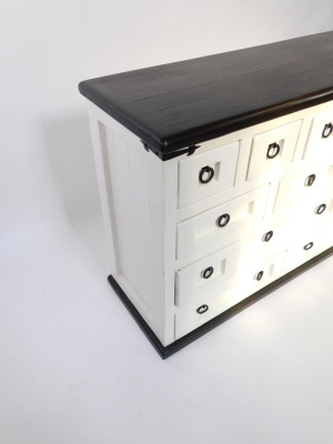 A black and white painted kitchen chest, with an arrangement of thirteen long and deep short drawers, each with black ringed handles, raised on a plinth base, 83cm high, 201cm wide, 43.5cm deep. - 3