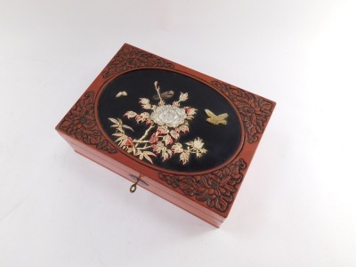 A Chinese cinnabar lacquer and shibayama box, the lid with an oval reserve decorated with birds, flowers and bamboo, 9cm high, 30cm wide, 21cm deep. - 2