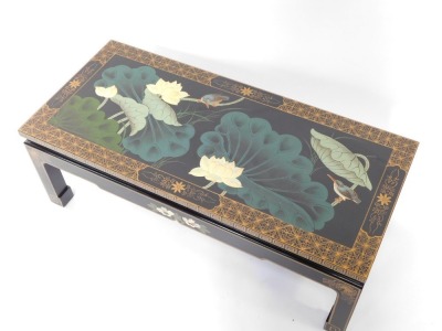 A Chinese black and gilt lacquer coffee table, of rectangular form, the top painted with birds and flowers, raised on square legs, 36cm high, 101.5cm wide, 46cm deep. - 2