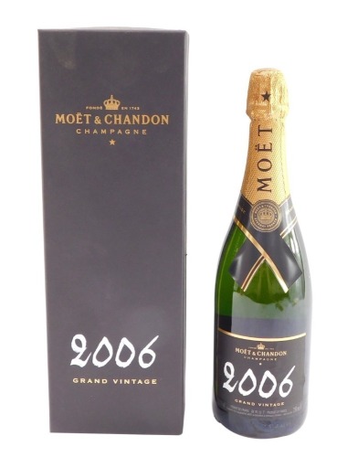 A bottle of Moet & Chandon 2006 Grande Vintage champagne, boxed.