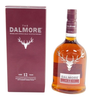 A bottle of The Dalmore twelve year aged single malt Scotch whisky, boxed.