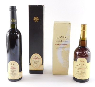 A bottle of Pere Magloire Xo Calvados, together with a bottle of Alambre Jose, Jose Maria Da Fonseca Moscatell Desetubla, both boxed. (2)