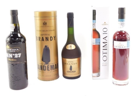 A bottle of Sandeman Brandy de Jerez-Solera, together with a bottle of Warre's ten year old Tawny Port, Otima10, both boxed, and a bottle of Fonseca Bin No 27 Finest Reserve Port. (3)