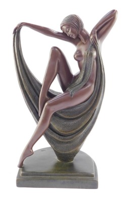 An Art Deco style plaster table lamp, fitments lacking, designed by Crosa 1993, formed as a semi clad woman seated on a drape, above a stepped base, 36cm high.