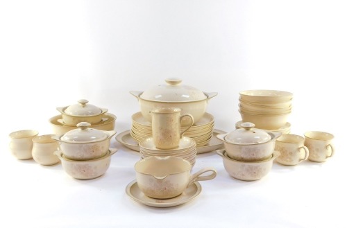 A Denby pottery part dinner and tea service decorated in the Maplewood pattern, comprising oval meat platter, vegetable tureen and cover, salad bowl, six dinner and side plates, six soup bowls and five covers, five dessert bowls, sauce boat on stand, crea