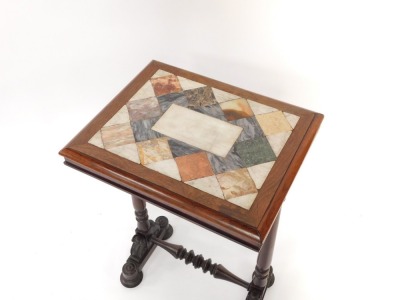 A Victorian rosewood and specimen marble occasional table, with an inlaid rectangular top, over a pair of turned columns, on four pad feet united by a turned stretcher, 95cm high, 48cm wide, 39cm deep. - 2