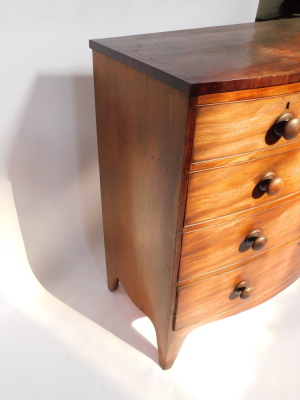 A late Georgian mahogany bowfront chest, with a plum pudding mahogany top, two short over three long graduated drawers, raised on outswept feet, 106cm high, 106cm wide, 52.5cm deep. - 4