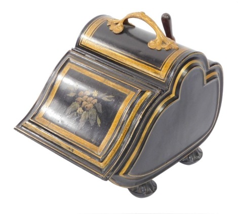 A Victorian toleware coal scuttle, by Benham & Sons, 50-54 Wigmore Street, London, no. 8771/J401, with liner and matched shovel, 95cm wide, 48cm deep.