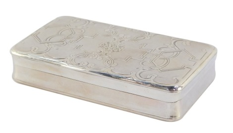 A French late 19thC silver snuff box, the hinged lid with engine turned and repousse floral and scroll work decoration, engraved to the interior J.McKay T. Fraser, 8cm wide, 2.2toz.