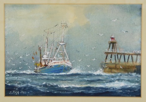 Jack Rigg (British, b.1927). Trawler entering harbour, watercolour and body colour, signed, dated 1987, 16.5cm x 25cm.