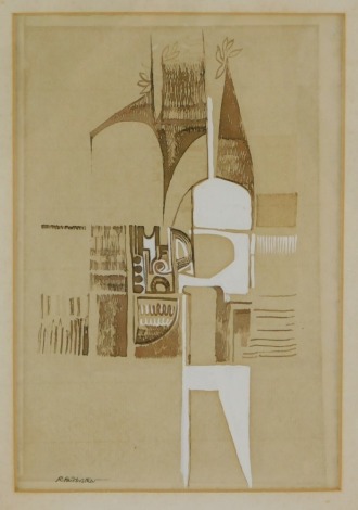 Roger Fairbrother (British, 20thC). House, abstract ink and watercolour, signed, attributed label verso, 22cm x 15cm.