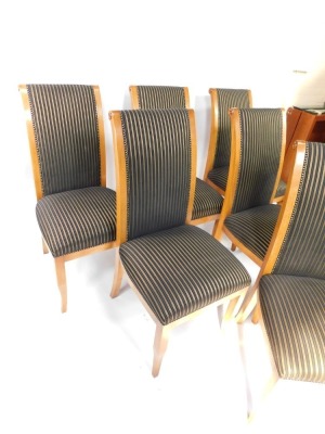 A set of six Reprodux pale oak Regency style dining chairs, with black and gilt striped over stuffed backs and seats. - 2