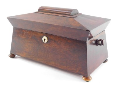 A Regency rosewood tea caddy, of sarcophagus form, the hinged lid opening to reveal a central recess flanked by two canisters, raised on bun feet, 19cm high, 34cm wide, 18cm deep.