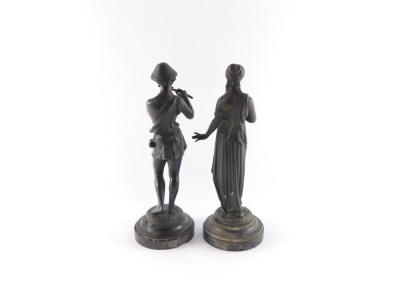 A pair of spelter late 19thC figures modelled as Daphnis and Chloe, raised on black marble socles, signed R Richard, 30cm high. - 2