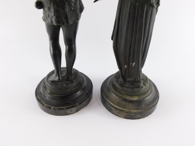 A pair of spelter late 19thC figures modelled as Daphnis and Chloe, raised on black marble socles, signed R Richard, 30cm high. - 3