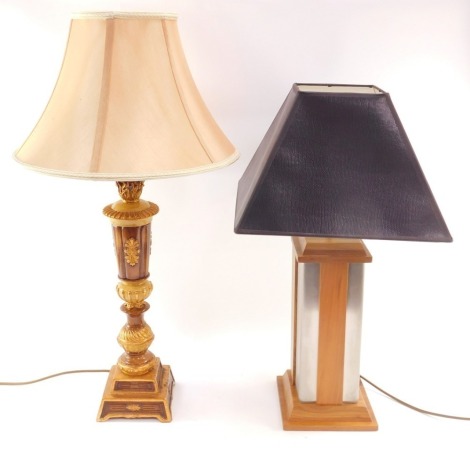 A Touche Du Bois wooden and metal table lamp, of rectangular section, with a black shade, 65cm high, together with a Gregory's brown and gold plaster table lamp, of neoclassical form, with shade, 78cm high. (2)