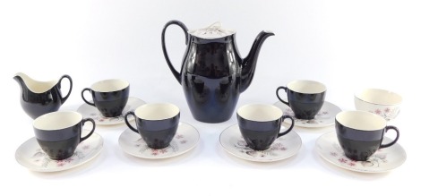 A Johnson Brothers mid century vintage pottery coffee service, decorated in grey and pink with flowers, comprising coffee pot, cream jug, sugar bowl, six cups and saucers.