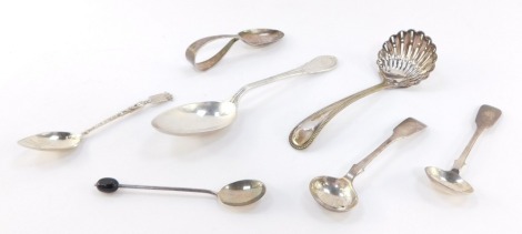 An Edward VII silver spoon, monogram engraved, Birmingham 1906, matched pair of silver salt spoons, initial engraved Chester 1847 and 1860, silver coffee spoon with bean terminal, Ypres commemorative spoon, and a George V silver baby spoon, Sheffield 1923