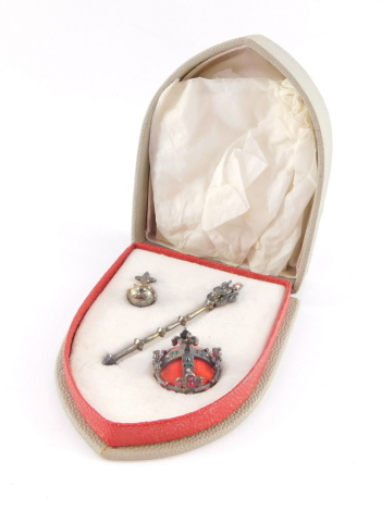 A Soluna miniature set of the Czech crown jewels, comprising The Royal Crown, Orb and Scepter, with certificate, boxed.