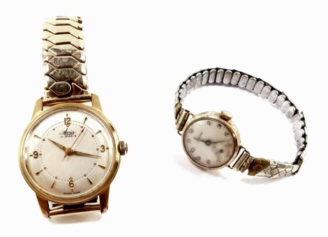 An Accurist lady's 9ct gold cased wristwatch, circular silver dial bearing Arabic numerals, subsidiary seconds dial, on a plated bracelet strap, together with an Avia gentleman's gold plated cased wristwatch, circular dial with engine turned decoration, b