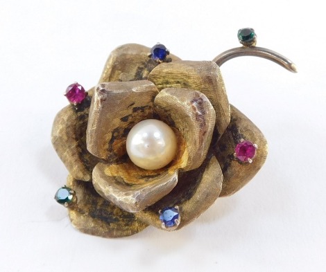 A mid century silver cultured pearl and paste set floral brooch.