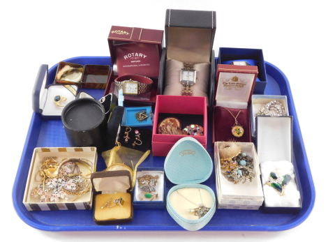 Silver and costume jewellery, including brooches, pendants, crystal necklace, Rotary and other dress wristwatches, and a cameo brooch. (a quantity)