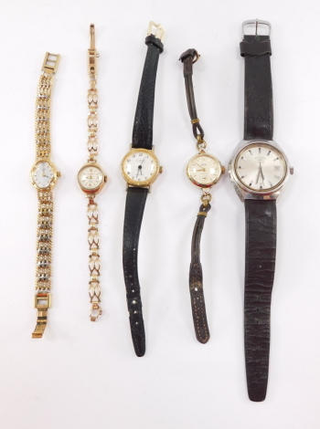 A Rotary lady's 9ct gold cased wristwatch, white circular dial bearing Arabic numerals at quarters, Incabloc seventeen jewel movement, on a 9ct gold bracelet strap, 11.5g, together with a Rotary automatic gentleman's stainless steel cased wristwatch, on a