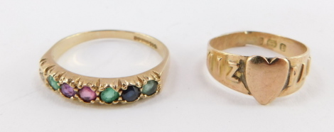 A 15ct gold Mizpah ring, size I/J, 1.8g, together with a 9ct gold and gem set dearest half hoop eternity ring, size P, 2.0g. (2)