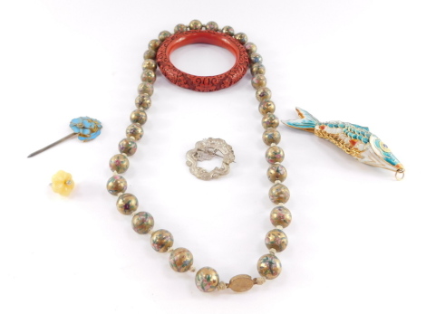 Chinese jewellery, including a cinnabar lacquer bangle, articulated fish, silver brooch and an enamel hair ornament. (a quantity)