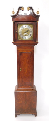 Attributed to John Boot of Sutton-In-Ashfield, a Georgian oak and mahogany longcase clock, the rectangular dial with brass cherub spandrels, silvered chapter ring bearing Roman numerals, date aperture, single train movement with bell strike, the hood with