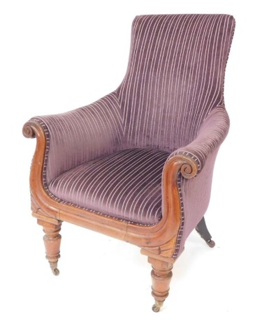 A William IV mahogany armchair, upholstered in striped purple fabric, raised on turned legs, brass capped on castors.