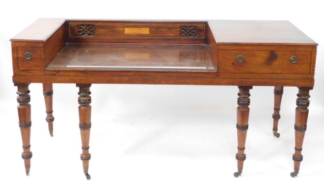 An early 19thC mahogany rosewood and ebonised square piano, converted to a desk, originally by George Gange, from Messrs Broadwood, Piano Forte Makers of Westminster, 85cm high, 171cm wide, 64cm deep.