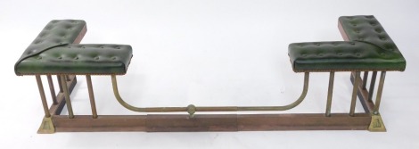 A Victorian copper and brass club fender, with green leather seat, 150cm wide, 43cm deep.