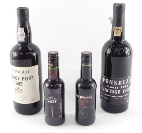 A bottle of Don Pavral Vintage Port 1985, Fonseca's finest 1975 Vintage Port, and two 20cl bottles of Coburns Special reserve Port and Dow's Midnight Port (4).