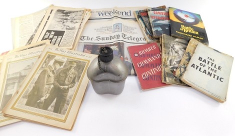 A GP&F Company USA World War II water bottle, dated 1944, together with booklets and newspapers relating to the war. (a quantity)