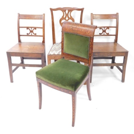 A pair of Regency oak and elm country dining chairs, a Chippendale style mahogany single chair, and a Dutch flame mahogany and marquetry dining chair, with floral decoration. (4)