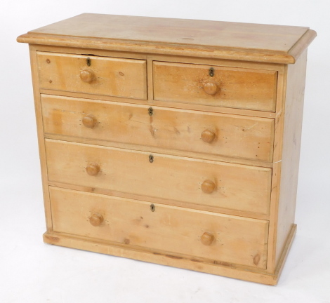 A Victorian pine chest of two short over three long graduated drawers, raised on a plinth base, 93cm high, 108cm, wide, 48.5cm deep.