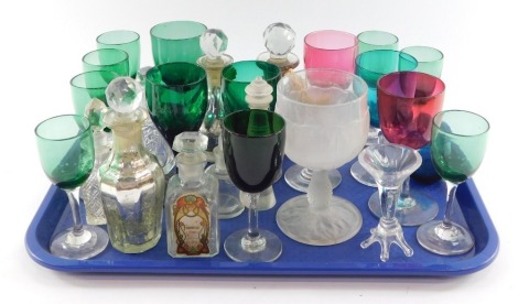 Victorian and later glass ware, to include cranberry, turquoise and green wine glasses, silver resists scent bottles and stoppers, further scent bottles, etc. (a quantity)