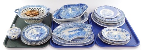 A group of early 19thC blue and white pottery, variously decorated, including chestnut baskets, meat drainers and plates. (a quantity)