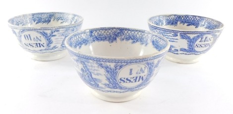 Three early 19thC blue and white Naval mess bowls, transfer decorated with nautical scenes internally with a crown, named for Nos 1, 9 and 17 Mess., one printed to underside W W Davis, Birmingham, 16cm diameter.