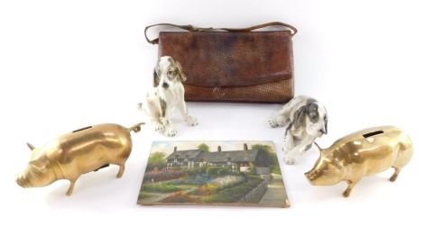 Brass piggy banks, a Royal Belvedere porcelain figure of spaniel, and a Keramos figure of a spaniel, a snakeskin handbag and a painting by Willis Pryce of a thatched Tudor cottage garden, possibly Anne Hathaway's Cottage, oil on board, 40.5cm high, 21.5cm