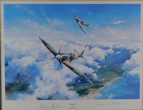 After Robert Taylor (American, b. 1951). Spitfire, print, signed by Douglas Bader and Johnnie Johnson, 38cm high, 49cm wide.