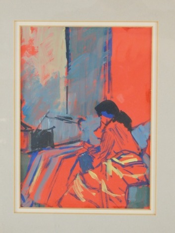 English School (20thC). Women seated in study, gouache, 22.5cm x 16cm.