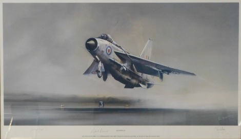 After Tim Nolan (British, late 20th/21stC). Lightning F.6, special edition print to commemorate the first flight of English electric P1 WG760 on the 4th August 1954, limited edition 402/450, signed, and signed by Jimmy Dell and Roland Beamont, 50cm x 85cm